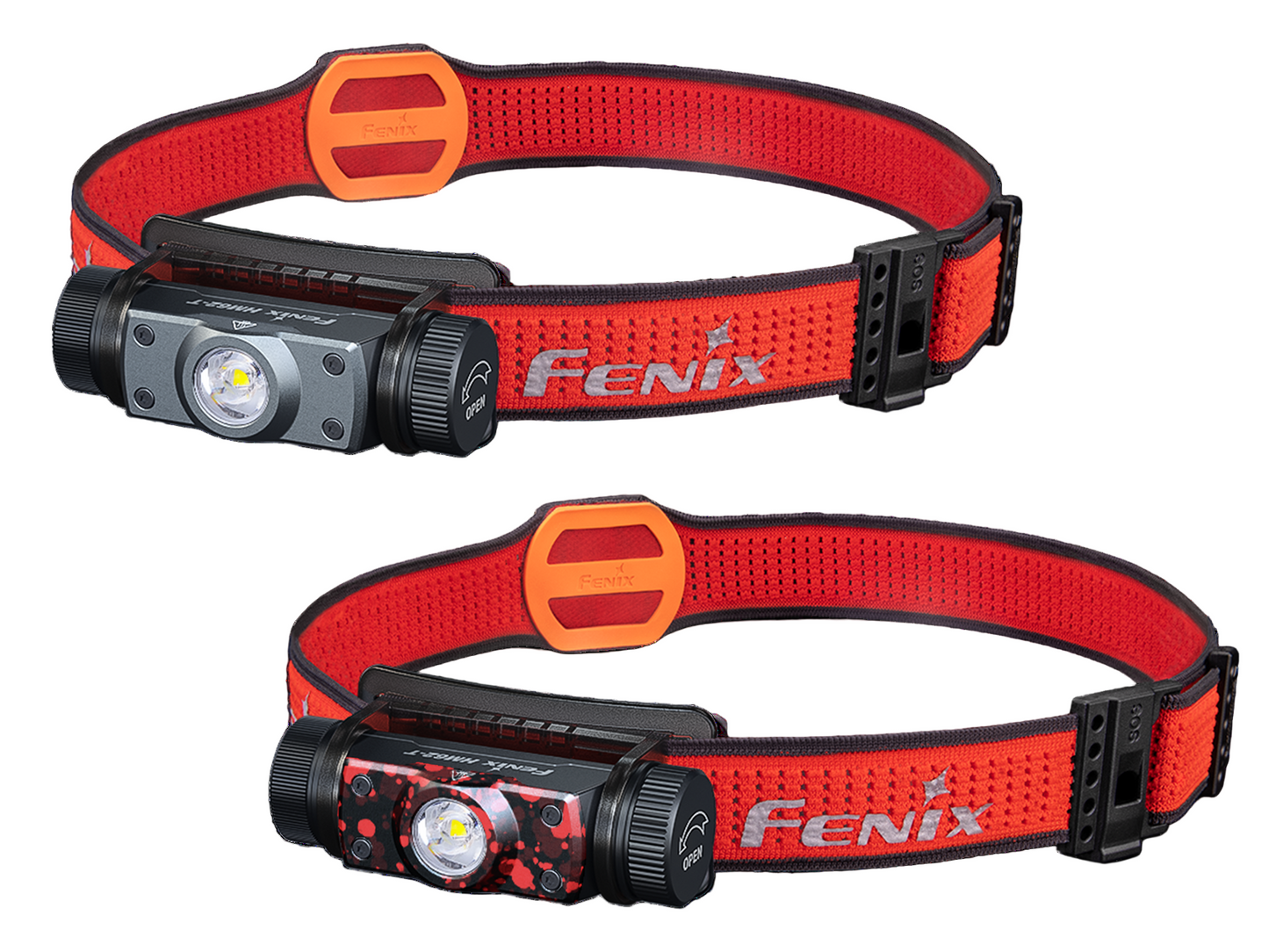 Two Fenix headlamps with red straps on a white background
