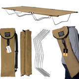 Camping cot with carrying bags and stakes on a white background