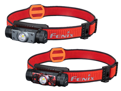 Two Fenix headlamps with red straps on a white background